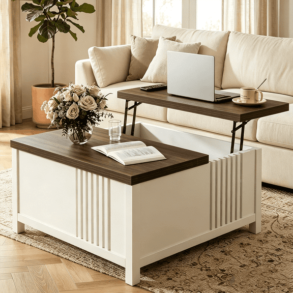 Winkalon 35.5” Square Lift Top Coffee Table, Farmhouse Coffee Table With Large Hidden Storage, Multi-Function Lift Wood Center Table for Home, Office, White