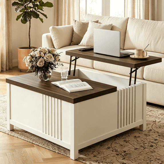 Winkalon 35.5” Square Lift Top Coffee Table, Farmhouse Coffee Table With Large Hidden Storage, Multi-Function Lift Wood Center Table for Home, Office, White
