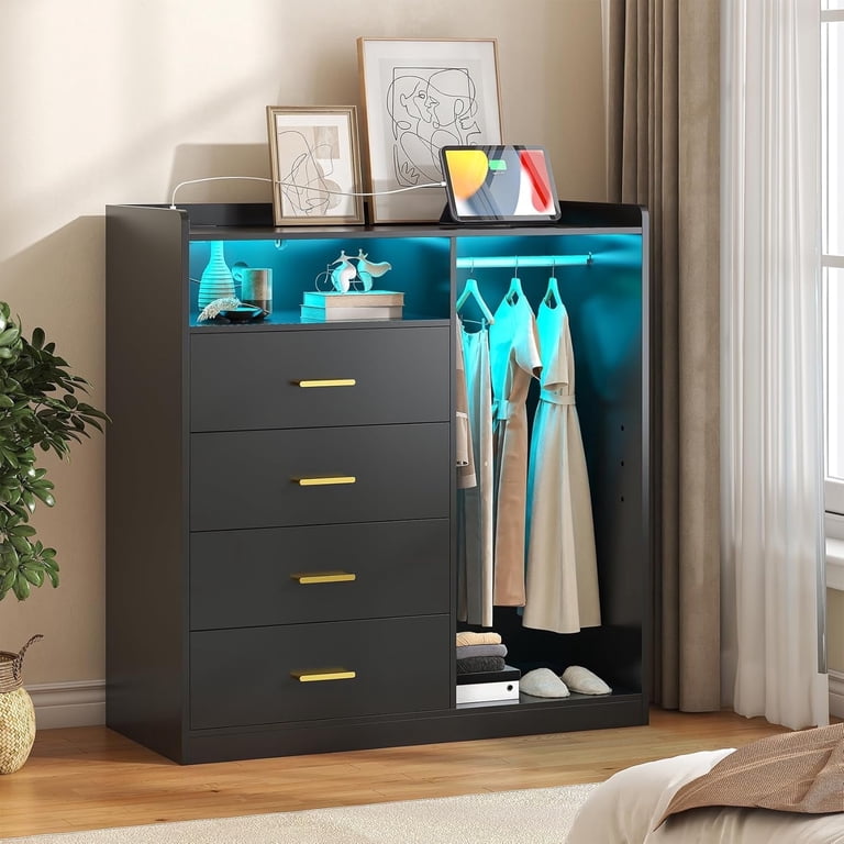 Winkalon 4 Drawer Dresser with Clothing Rack and LED Lights,Modern LED Dresser for Bedroom,Black Winkalon 4 Drawer Dresser with Clothing Rack and LED Lights,Modern LED Dresser for Bedroom,Black