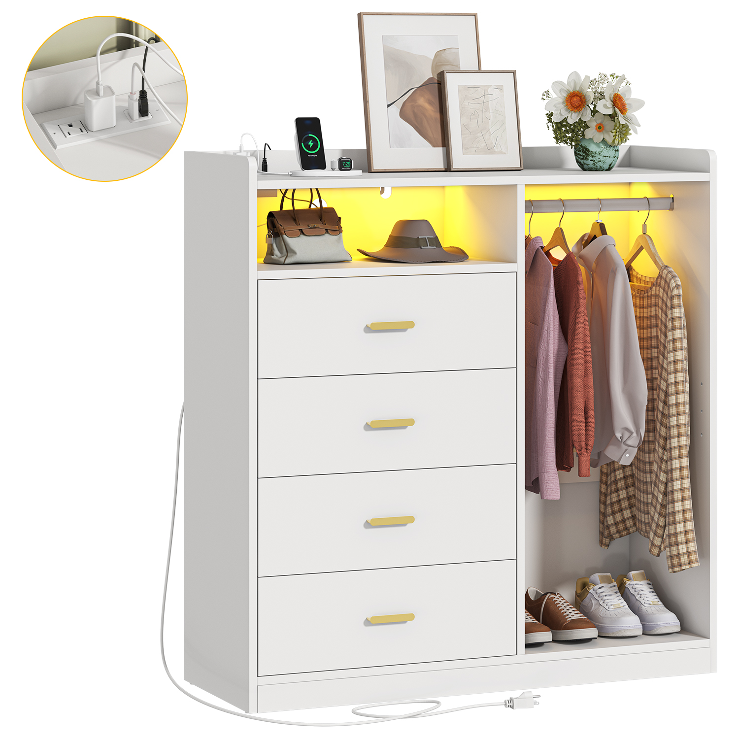 Afuhokles 4 Drawer Dresser for Bedroom with Clothing Rack, Dressers and Chests of Drawers with