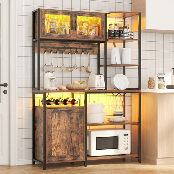 Winkalon 42.5" Wide Large Bakers Rack with Power Outlets, 6 Tiers Coffee Bar Table with LED Light, 8 Hooks, Microwave Stand Kitchen Storage Shelf, Rustic Brown