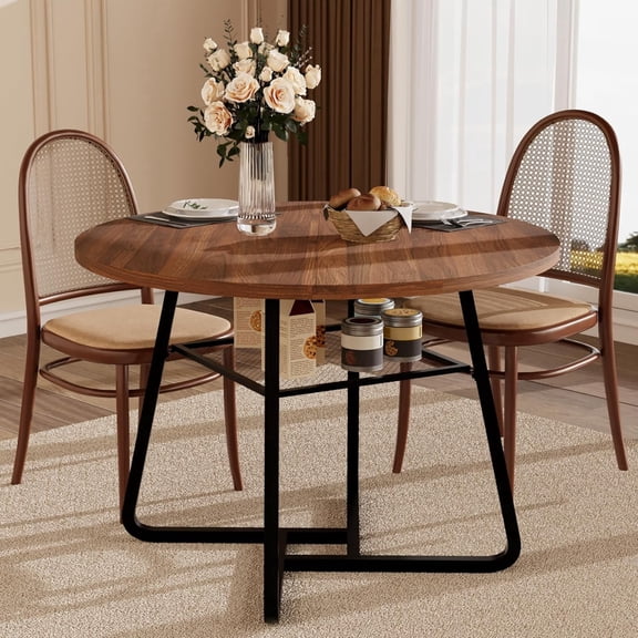 Winkalon 43.3" Round Dining Table for 4, Industrial Kitchen Table with Large Storage Shelf, Space Saving Wood Circle Dinner Table for Kitchen & Dining Room, Walnut