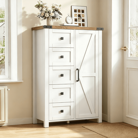 Winkalon 5 Drawers Dresser for Bedroom With Barn Door, Farmhouse Modern Tall Dresser 5 Chest of Drawers, Storage Organizer for Bedroom, Hallway, Living Room, White