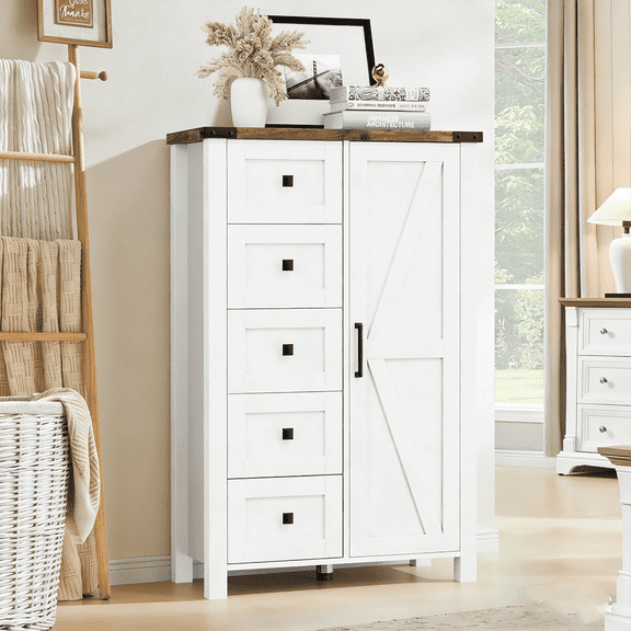 Winkalon 5 Drawers Dresser for Bedroom With Barn Door, Farmhouse Modern Tall Dresser 5 Chest of Drawers, Storage Organizer for Bedroom, Hallway, Living Room, White