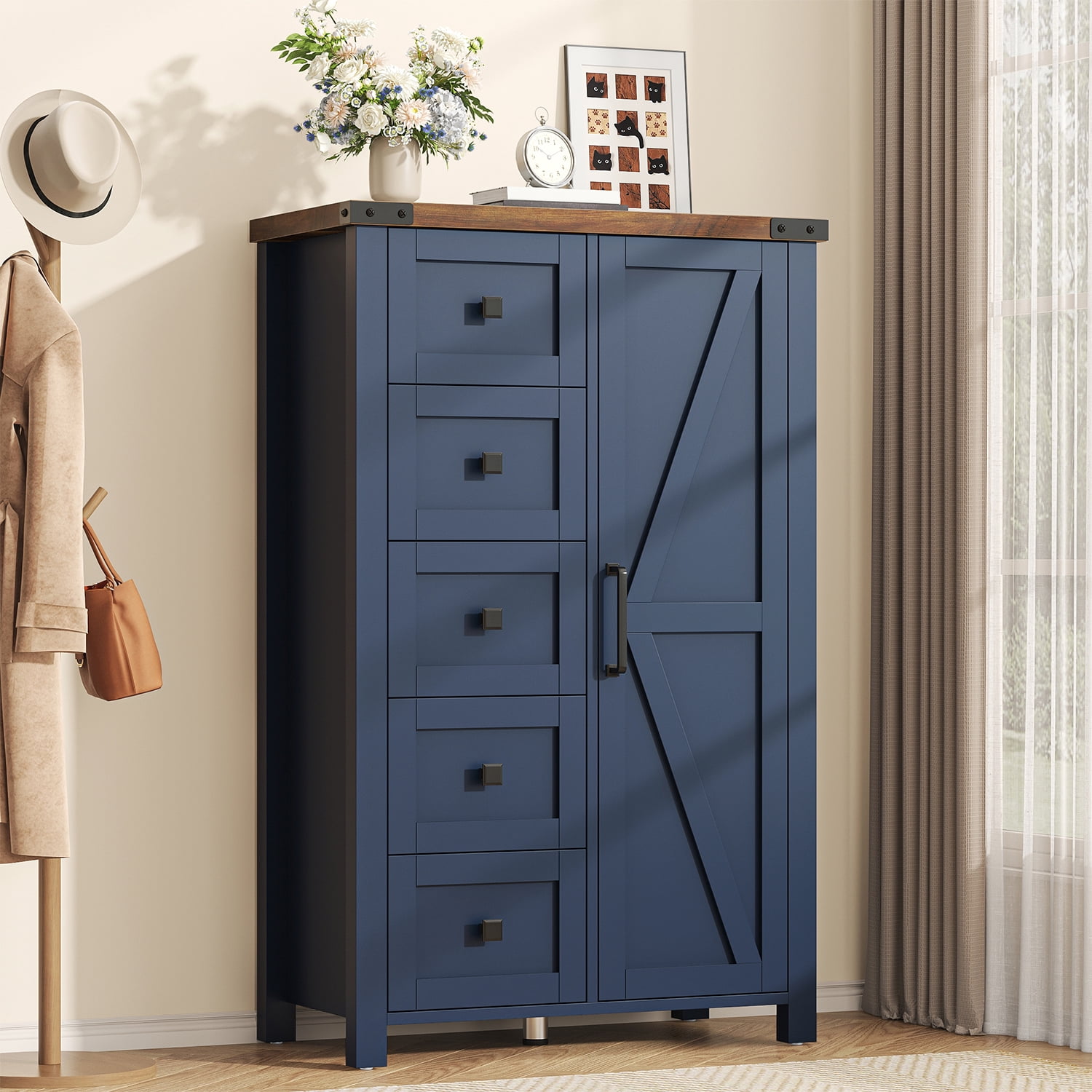 Winkalon 5 Drawers Dresser Chests for Home Bedroom, Farmhouse Wood Rustic Tall Chest of Drawers, Pull Storage Cabinet,Blue