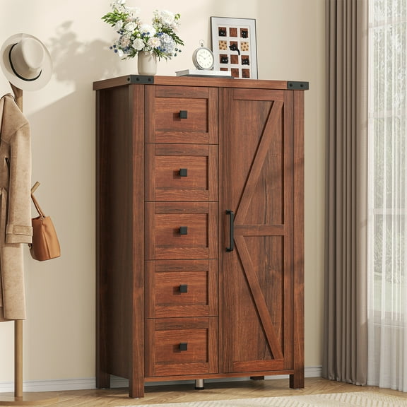 Winkalon 5 Drawers Dresser Chests for Home Bedroom, Farmhouse Wood Rustic Tall Chest of Drawers, Pull Storage Cabinet,Brown