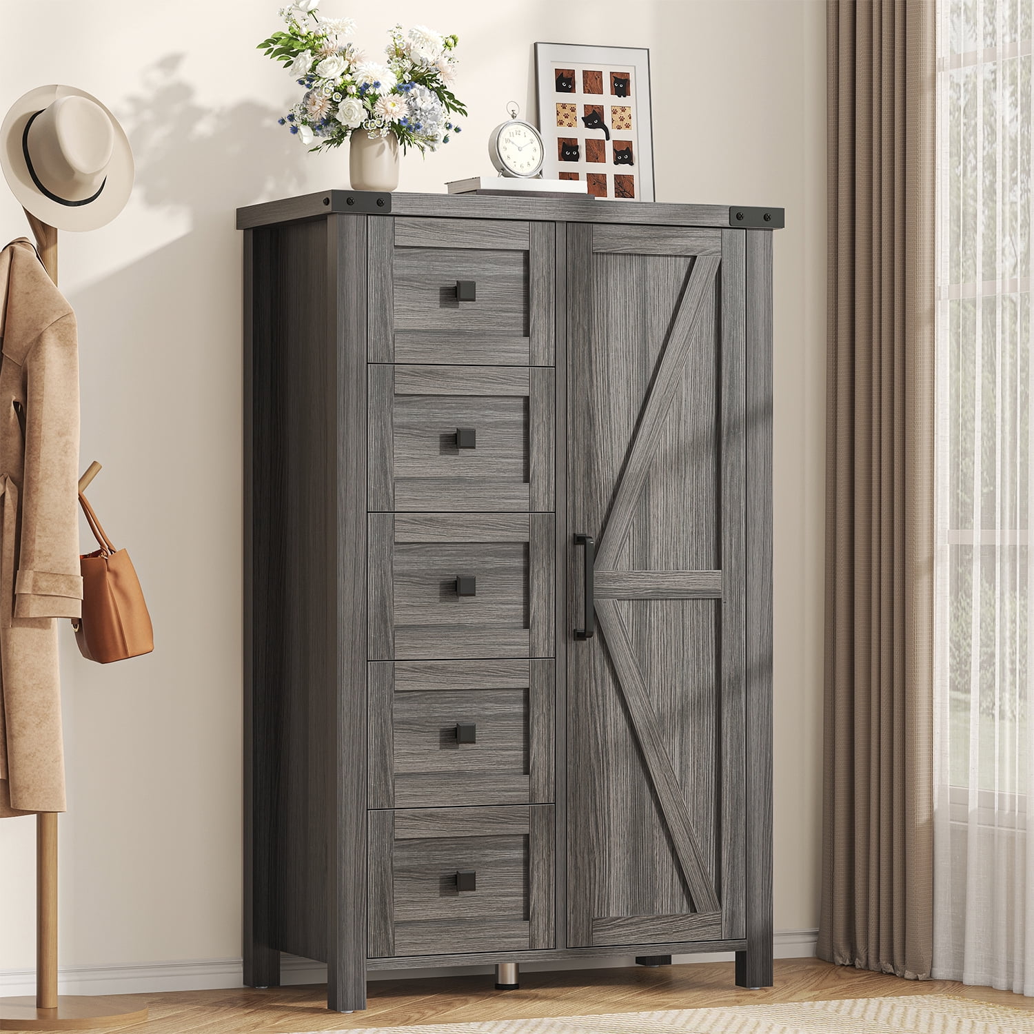Winkalon 5 Drawers Dresser Chests for Home Bedroom, Farmhouse Wood Rustic  Tall Chest of Drawers, Pull Storage Cabinet,Grey