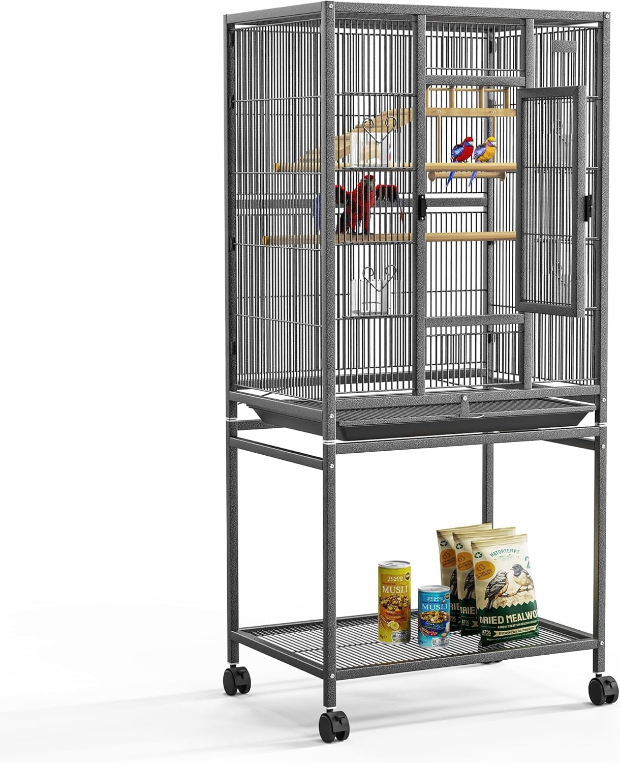 Winkalon 54" Rolling Metal Large Bird Cage with Feeding Cups, Wooden Platform, Swing & Perches for Large Pet Birds,Black