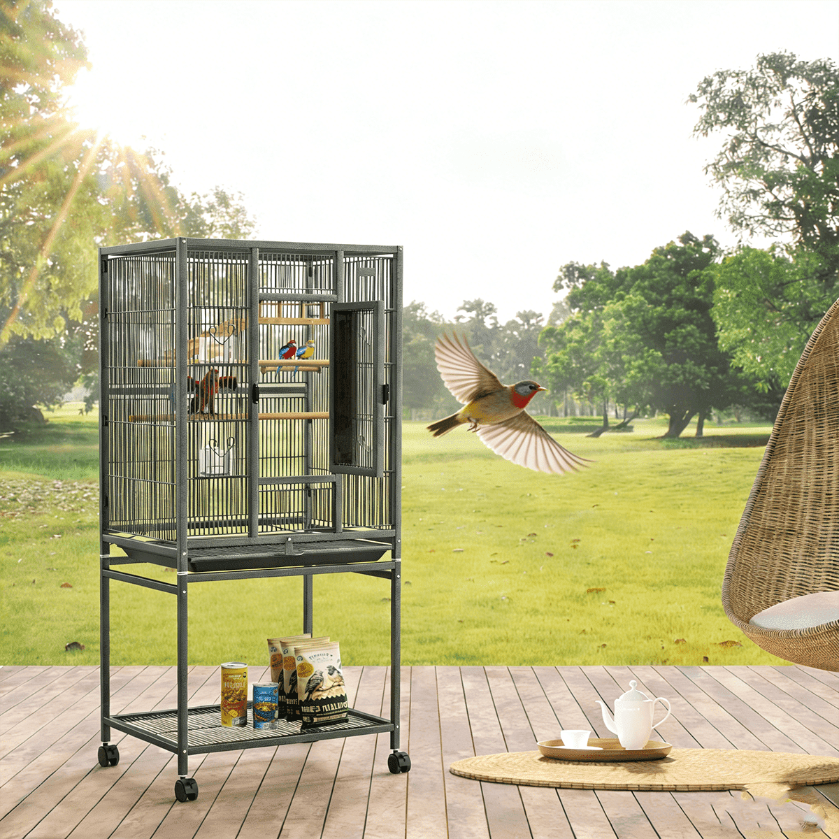 Winkalon 54" Wrought Iron Standing Large Parrot Parakeet Flight Bird Cage for Small Parrot Sun Parakeet Green Cheek Conure Lovebird Budgie Finch Canary Bird Cage with Stand