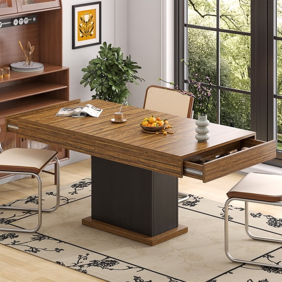 Winkalon 55.1" Dining Table, Rustic Wood Dinner Eating Table With Drawers for Kitchen, Dining Room, Walnut