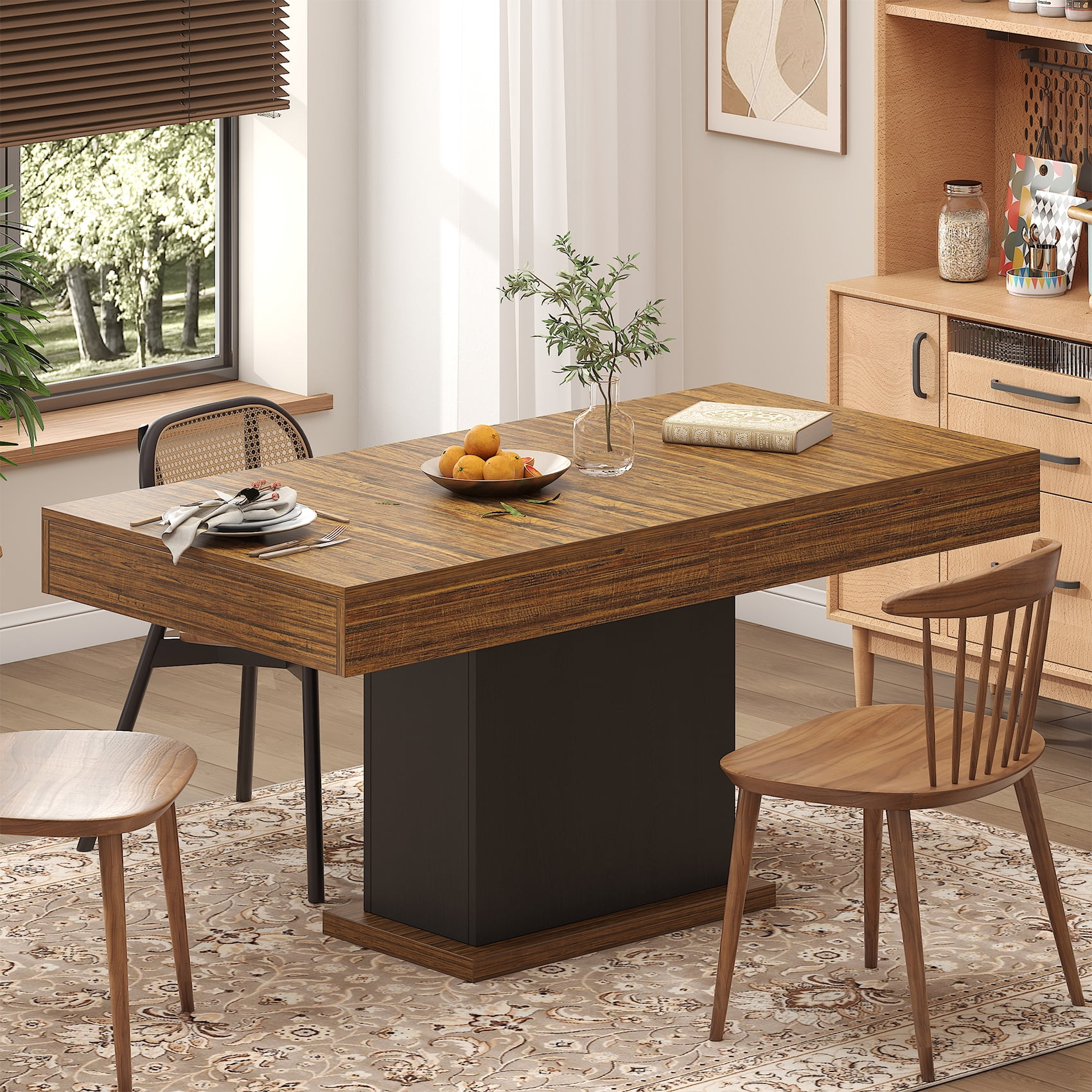 Winkalon 55.1" Dining Table, Rustic Wood Dinner Eating Table With Drawers for Kitchen, Dining Room, Walnut