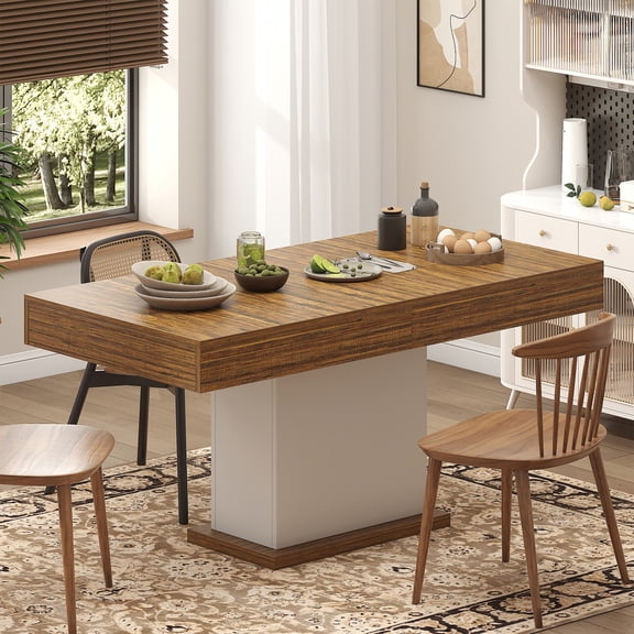 Winkalon 55.1" Dining Table, Rustic Wood Dinner Eating Table With Drawers for Kitchen, Dining Room, Walnut