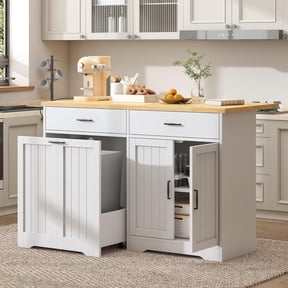 Winkalon 55.1" Kitchen Island with Power Outlet & Drop Leaf, Rolling Carts with Trash Storage Cabinet, Morden Island Table for Kitchen, Dining Room, Trash Can Cabinet with Hidden Casters