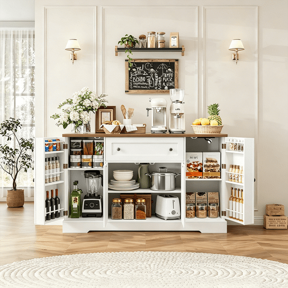 Winkalon 55.1'' Kitchen Storage Cabinet, Pantry Cabinet with Drawers and Adjustable Shelf, Buffet Cabinet Sideboard for Dinning Room, White