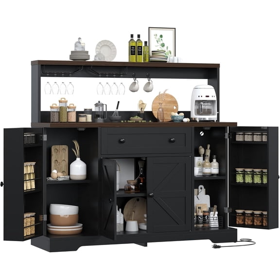 Winkalon 55" Farmhouse Coffee Bar Cabinet with Drawer, Buffet Cabinet with Power Outlets, Goblet Holder, Hooks, Coffee Bar Table with Adjustable Shelves for Living Dining Room, Black