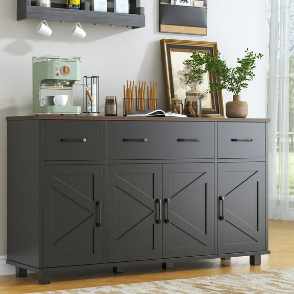 Winkalon 55" Farmhouse Kitchen Sideboard, Coffee Bar Cabinet with 4 Doors and 3 Drawers, Wooden Buffet Cabinet with Adjustable Shelves, Black