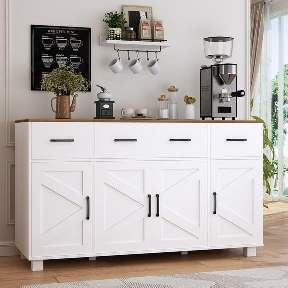 Winkalon 55" Farmhouse Kitchen Sideboard, Coffee Bar Cabinet with 4 Doors and 3 Drawers, Wooden Buffet Cabinet with Adjustable Shelves, White & Brown
