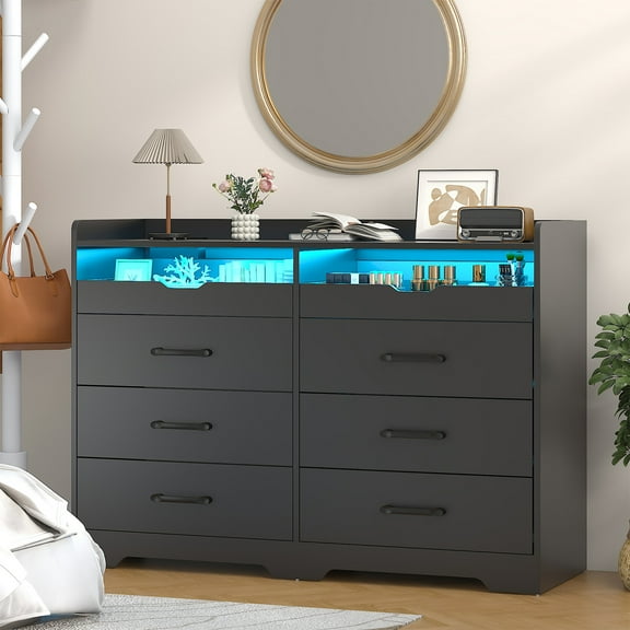 Winkalon 6 Drawer 47.2" Black Dresser with LED and Power Strip, Dressers & Chests of Drawers with Storage Cabinet for Bedroom