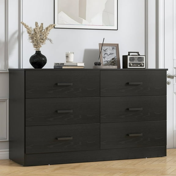 Winkalon 6 Drawer Black Double Dresser,Wood Storage Cabinet with Easy Pull Out Handles for Living Room,Chest of Drawers for Bedroom