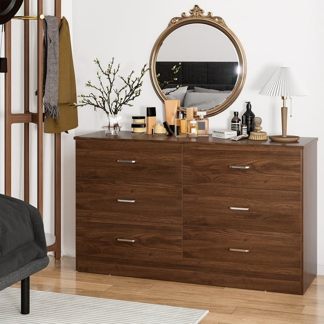 Winkalon 6 Drawer Brown Double Dresser,Wood Storage Cabinet with Easy Pull Out Handles for Living Room,Chest of Drawers for Bedroom