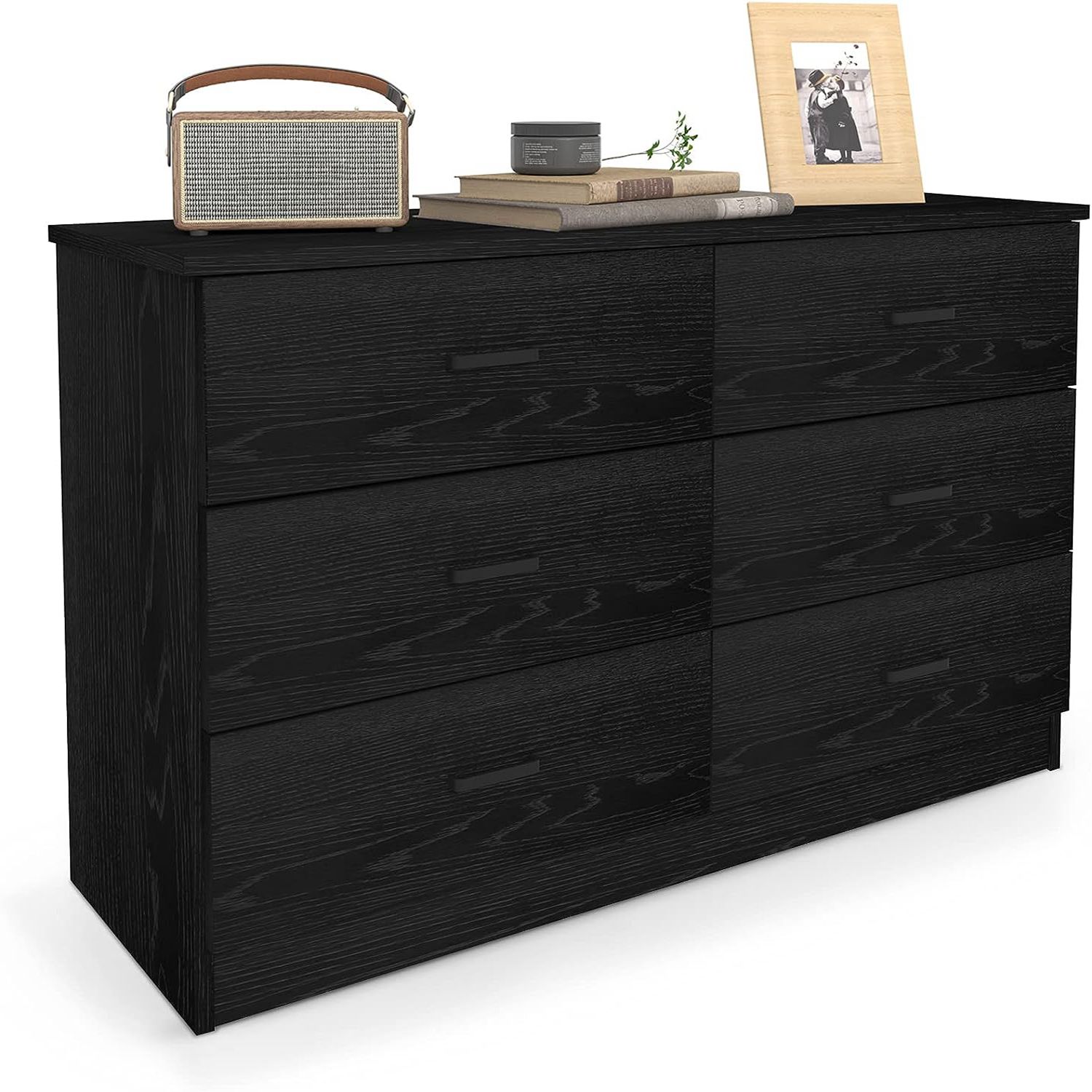 WLIVE 6 Drawers Black Double Dresser, Wood Storage Chest of 6 Drawers