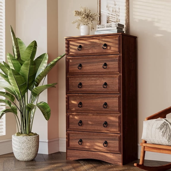 Winkalon 6 Drawer Dresser for Bedroom, Chest of Drawers Wood Storage Cabinet for Living Room,Cherry