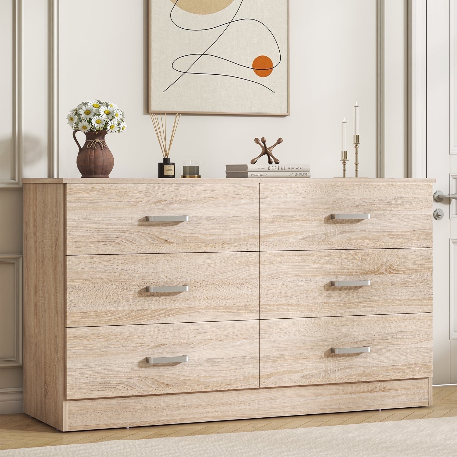 Winkalon 6 Drawer Oak Double Dresser,Wood Storage Cabinet with Easy Pull Out Handles for Living Room,Chest of Drawers for Bedroom