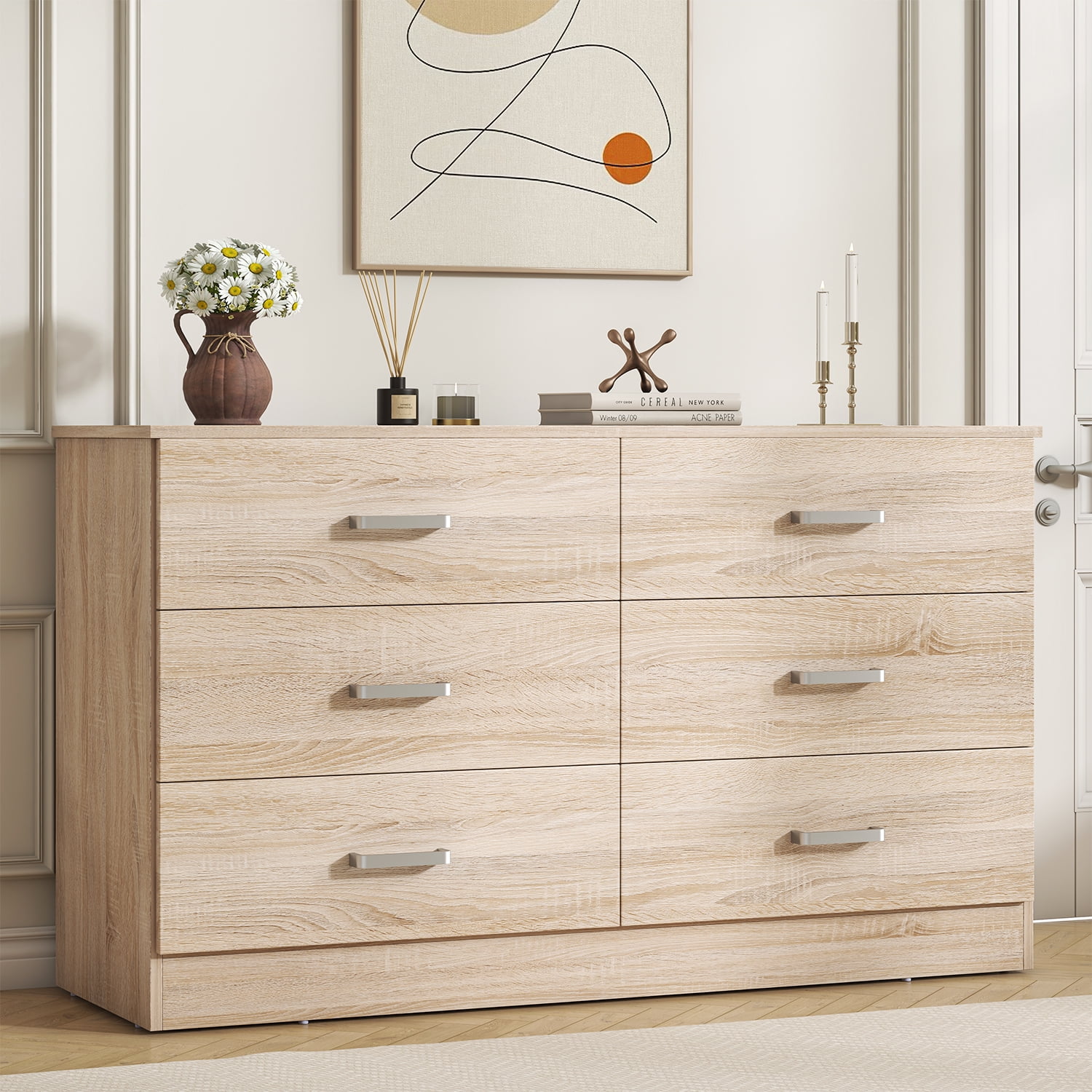 Winkalon 6 Drawer Oak Double Dresser Wood Storage Cabinet with Easy Pull Out Handles for Living Room Chest of Drawers for Bedroom