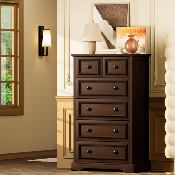 Winkalon 6 Drawer Tall Dresser, 48"H Chest of Drawers, Wooden Storage Cabinet for Bedroom, Cherry