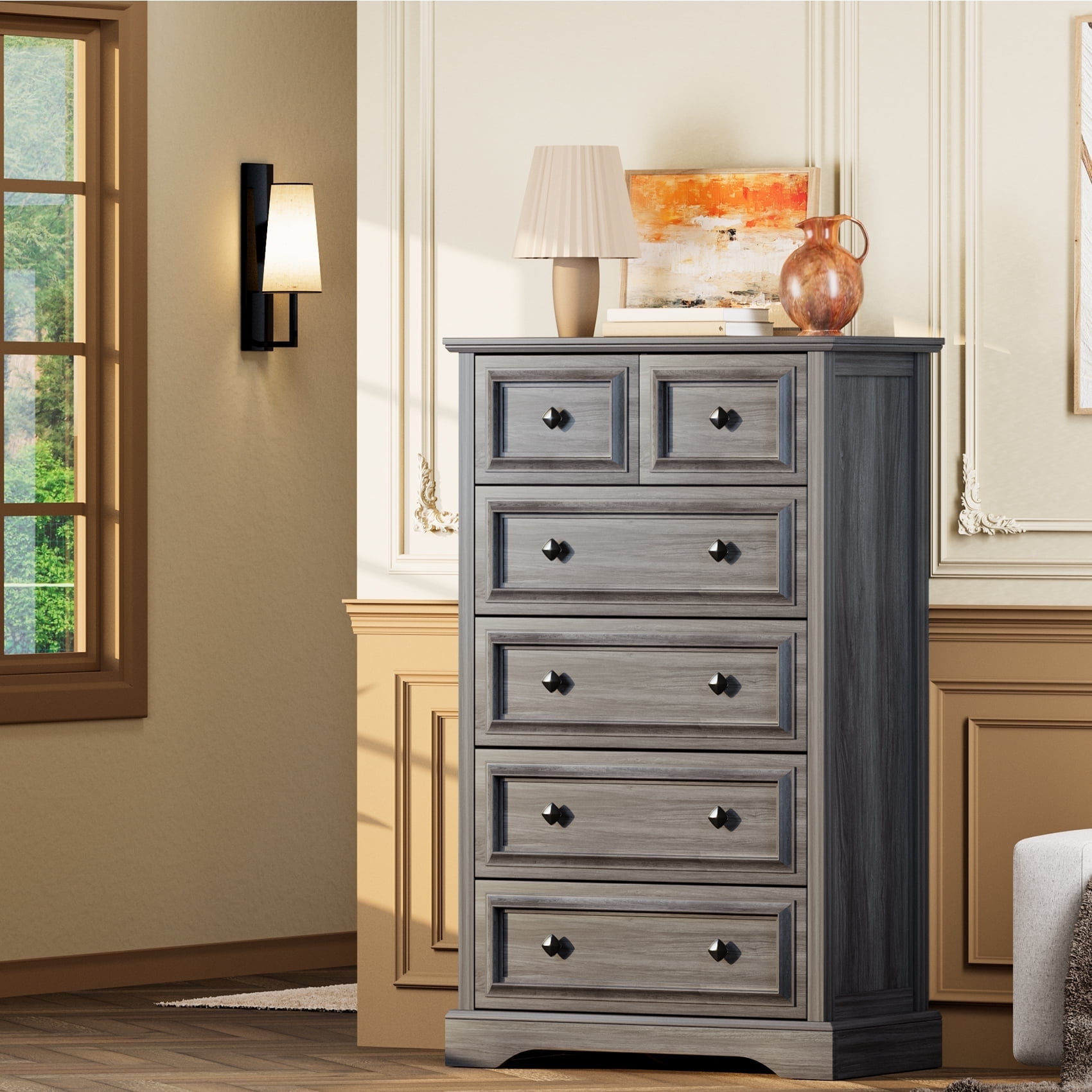 Winkalon 6 Drawer Tall Dresser, 48"H Chest of Drawers, Wooden Storage Cabinet for Bedroom, Gray Winkalon 6 Drawer Tall Dresser, 48"H Chest of Drawers, Wooden Storage Cabinet for Bedroom, Gray