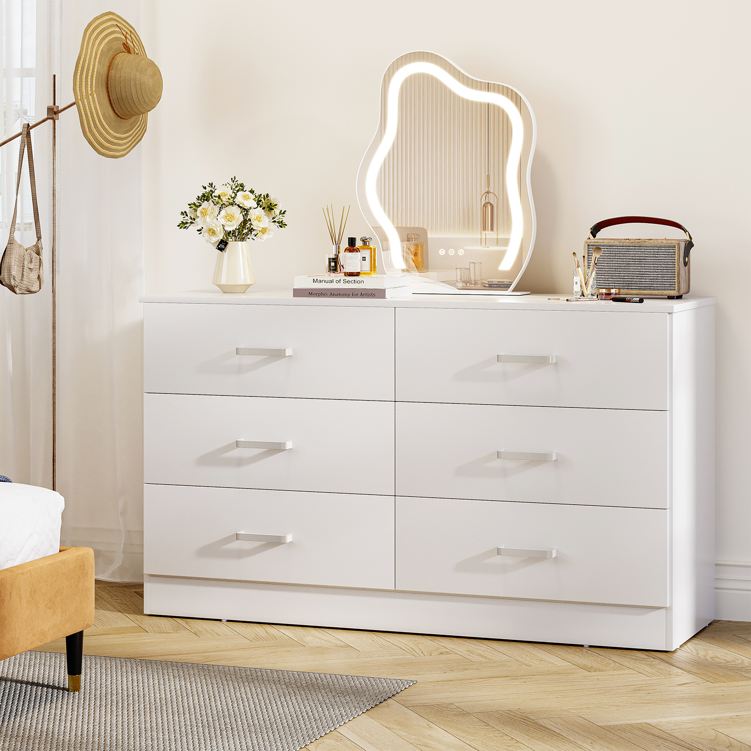 Winkalon 6 Drawer White Double Dresser, Wood Storage Cabinet with Easy Pull Out Handles for Living Room,Chest of Drawers for Bedroom - image 1 of 11