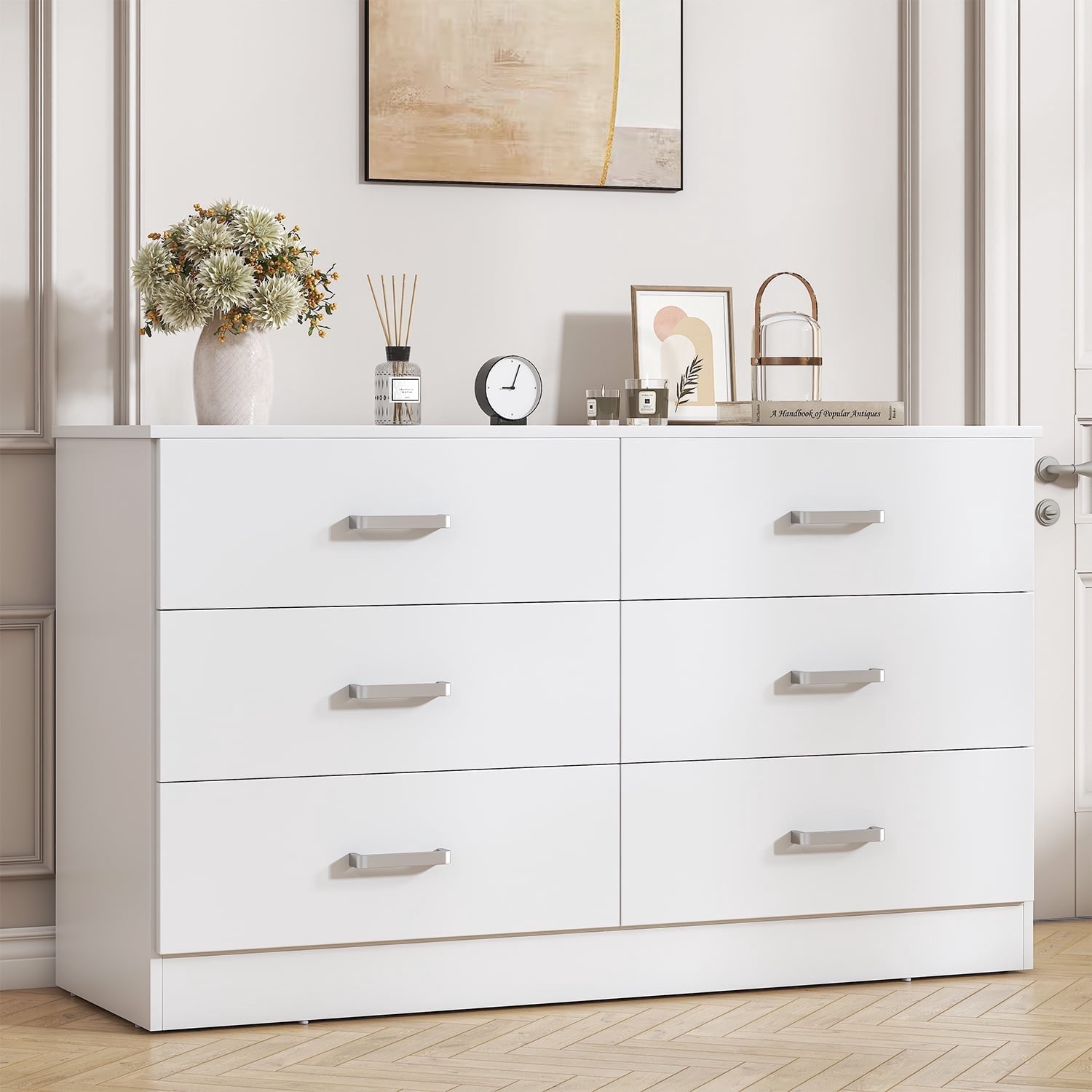 Winkalon 6 Drawer White Double Dresser, Wood Storage Cabinet with Easy Pull Out Handles for Living Room,Chest of Drawers for Bedroom