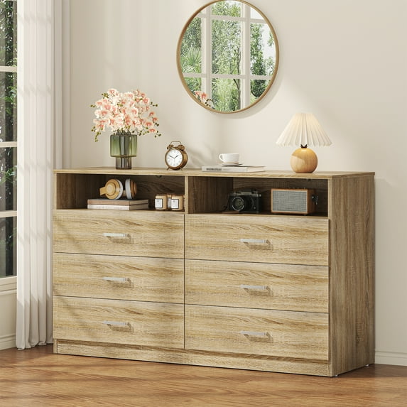 Winkalon 6 Drawers Dresser,Modern Storage Tower Dressers and Chests 2 Open Cubby,Large Organizer for Bedroom,Light Oak