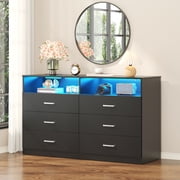 Winkalon 6 Drawers Dresser With Light ,Modern Storage Tower Dressers Chests With 2 Open Cubby,Large Organizer for Bedroom,Black