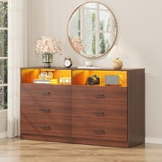 Winkalon 6 Drawers Dresser With Light ,Modern Storage Tower Dressers Chests With 2 Open Cubby,Large Organizer for Bedroom,Walnut