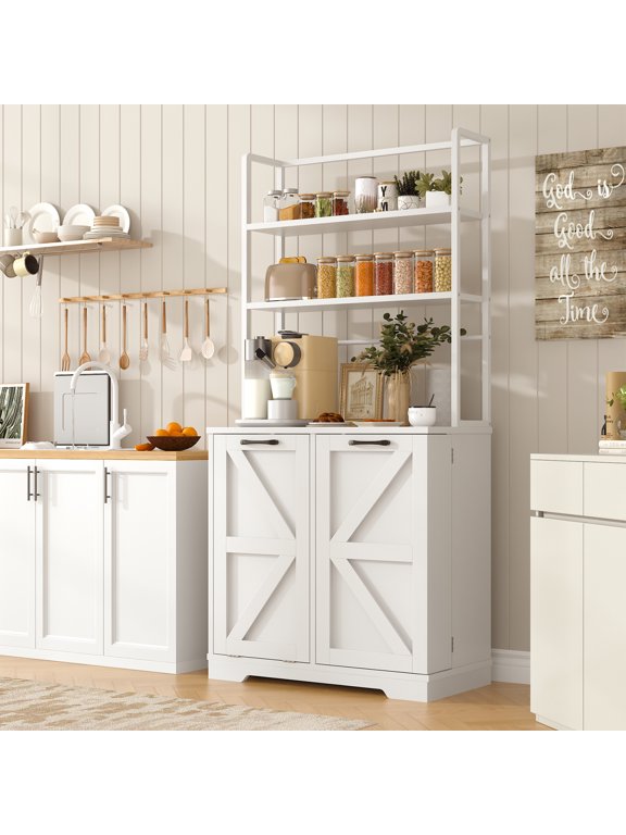 6-Tier Kitchen Bakers Rack with Storage Cabinet, 68" H Microwave Stand with Trash Bin,White