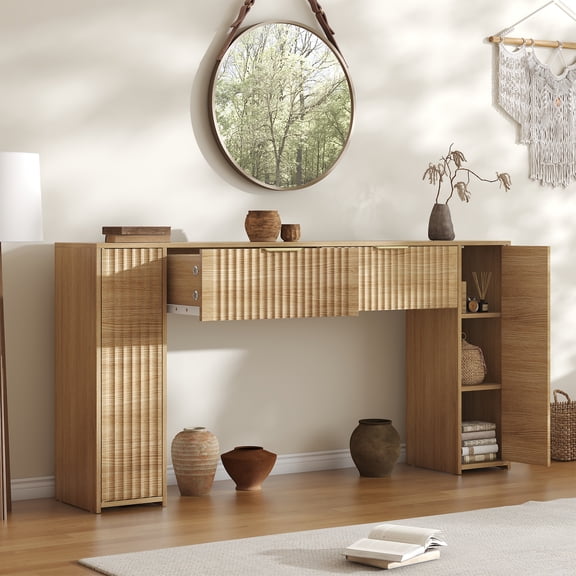 Winkalon 63" Fluted Console Table for Entryway, Modern Entryway Table with 2 Large Drawers, Long Sofa Table Behind Couch for Living Room, Hallway, Couch, Foyer,Oak