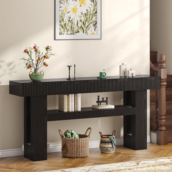 Winkalon 63" Fluted Entryway Console Table, Farmhouse Long Narrow Wooden Sofa Table Behind the Couch for Living Room, Hallway, Entrance, Foyer, Black