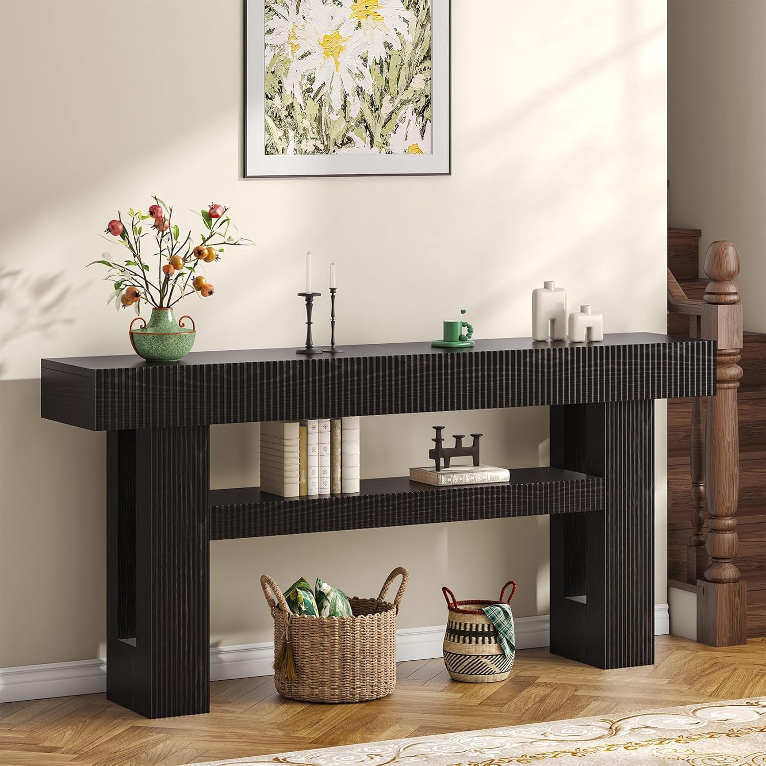 Winkalon 63" Fluted Entryway Console Table, Farmhouse Long Narrow Wooden Sofa Table Behind the Couch for Living Room, Hallway, Entrance, Foyer, Black