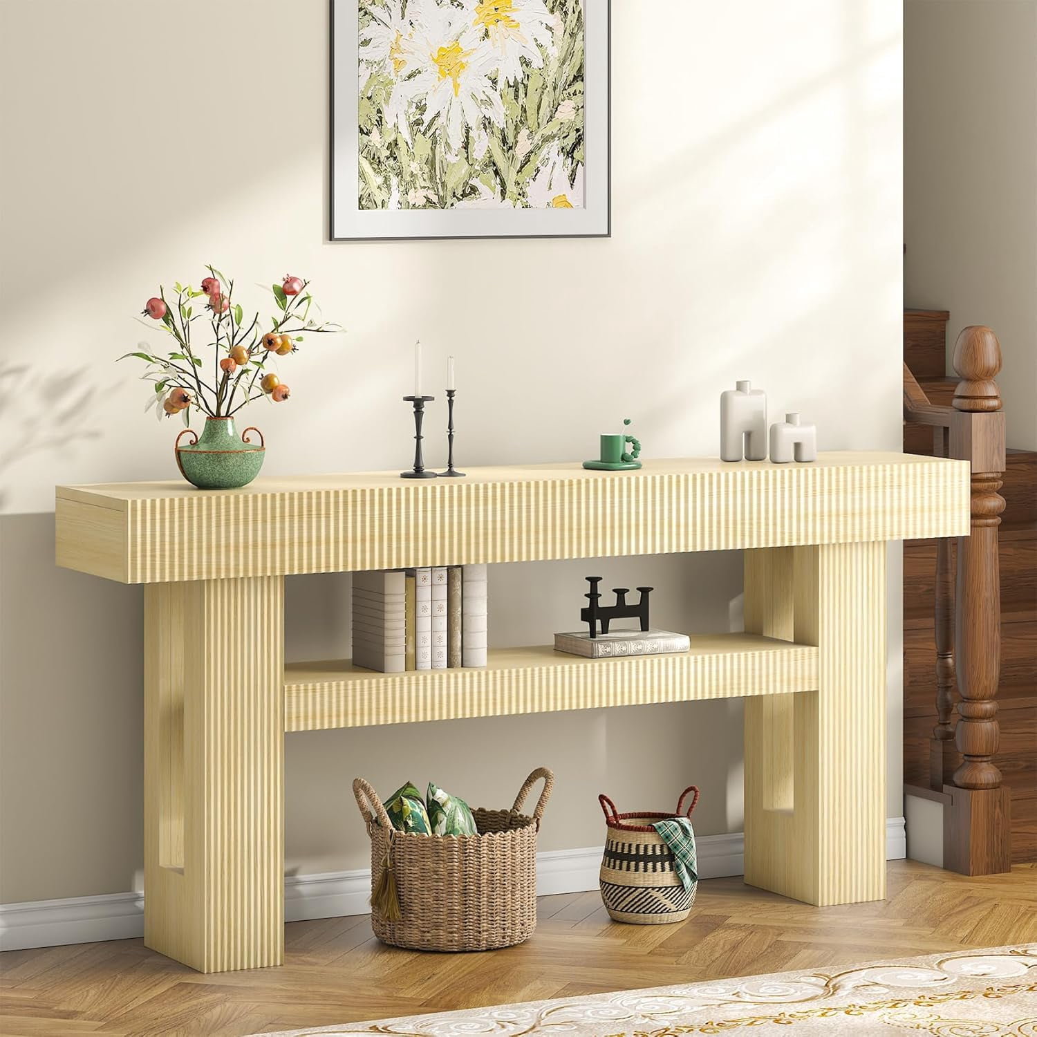 Winkalon 63" Fluted Entryway Console Table, Farmhouse Long Narrow Wooden Sofa Table Behind the Couch for Living Room, Hallway, Entrance, Foyer, Oak