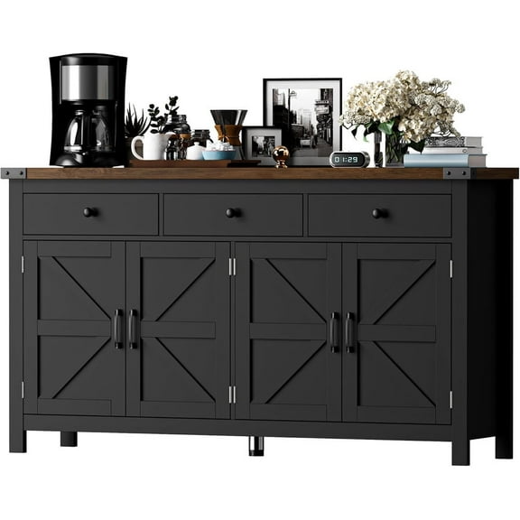Winkalon 63'' Kitchen Sideboard Buffet Cabinet, 4-Doors 3-Drawers Farmhouse Storage Cabinet with Adjustable Shelves,Black