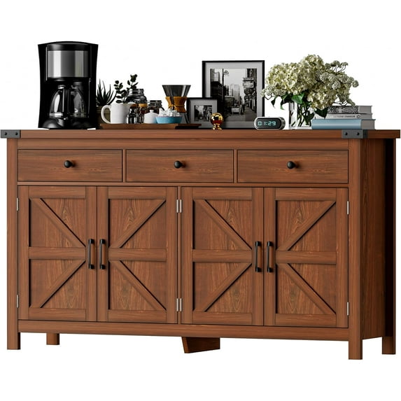 Winkalon 63'' Kitchen Sideboard Buffet Cabinet, 4-Doors 3-Drawers Farmhouse Storage Cabinet with Adjustable Shelves,Cherry