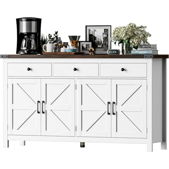 Winkalon 63'' Kitchen Sideboard Buffet Cabinet, 4-Doors 3-Drawers Farmhouse Storage Cabinet with Adjustable Shelves, Grey