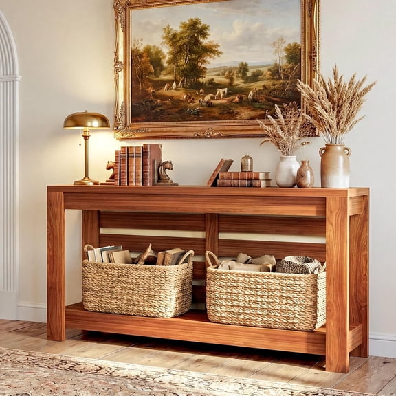 Winkalon 63" Wood Console Table, Farmhouse 2-Tier Sofa Table Entryway Table, Foyer Display Table, Brown