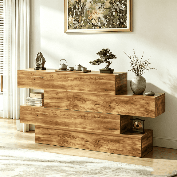 Winkalon 63-inch Farmhouse Console Table, Narrow Long Sofa Console Behind the Couch, 4-Tier Entryway Table for Hallway, Living Room, Walnut