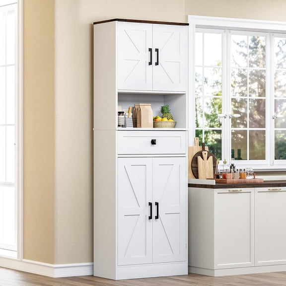Winkalon 67" Kitchen Pantry Storage Cabinet with 4 Barn Doors & 2 Adjustable Shelves & 1 Drawer for Dining Room, Living Room,White