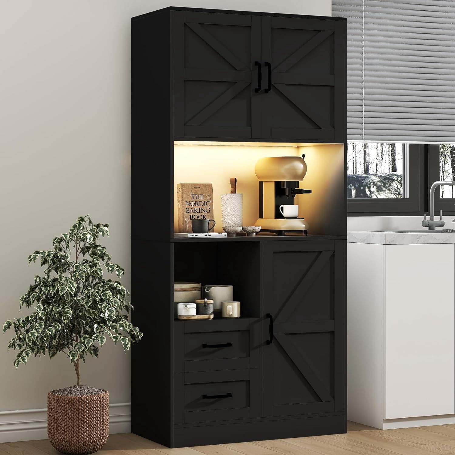 Winkalon 68'' Kitchen Pantry Hutch with Charging Station and LED Light ...