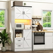 Winkalon 68 Kitchen Pantry Hutch with Charging Station and LED Light, Buffet Storage Cabinet with Adjustable Shelves, White