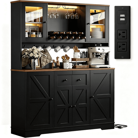 Winkalon 68'' Tall Kitchen Pantry Cabinet with Charging Station and LED Light, Freestanding Buffet Storage Cabinet with Glass Doors and Adjustable Shelves for Dining Room, Black