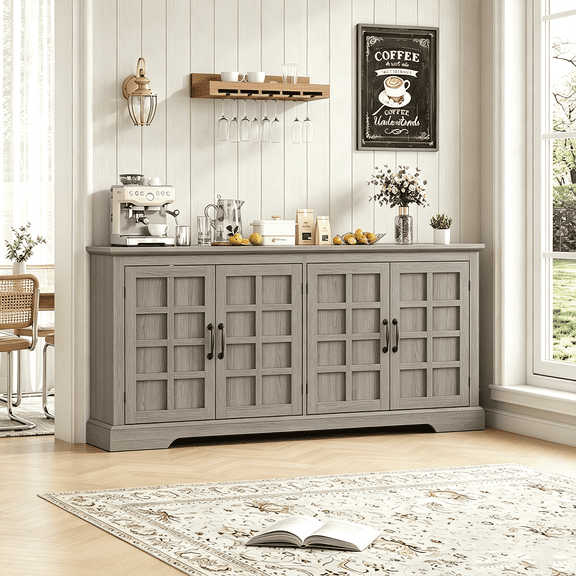 Winkalon 70'' Large Sideboard Buffet Cabinet, Farmhouse Kitchen Storage Cabinet with 4 Doors, Wood Coffee Bar Cabinet for Living Room, Grey